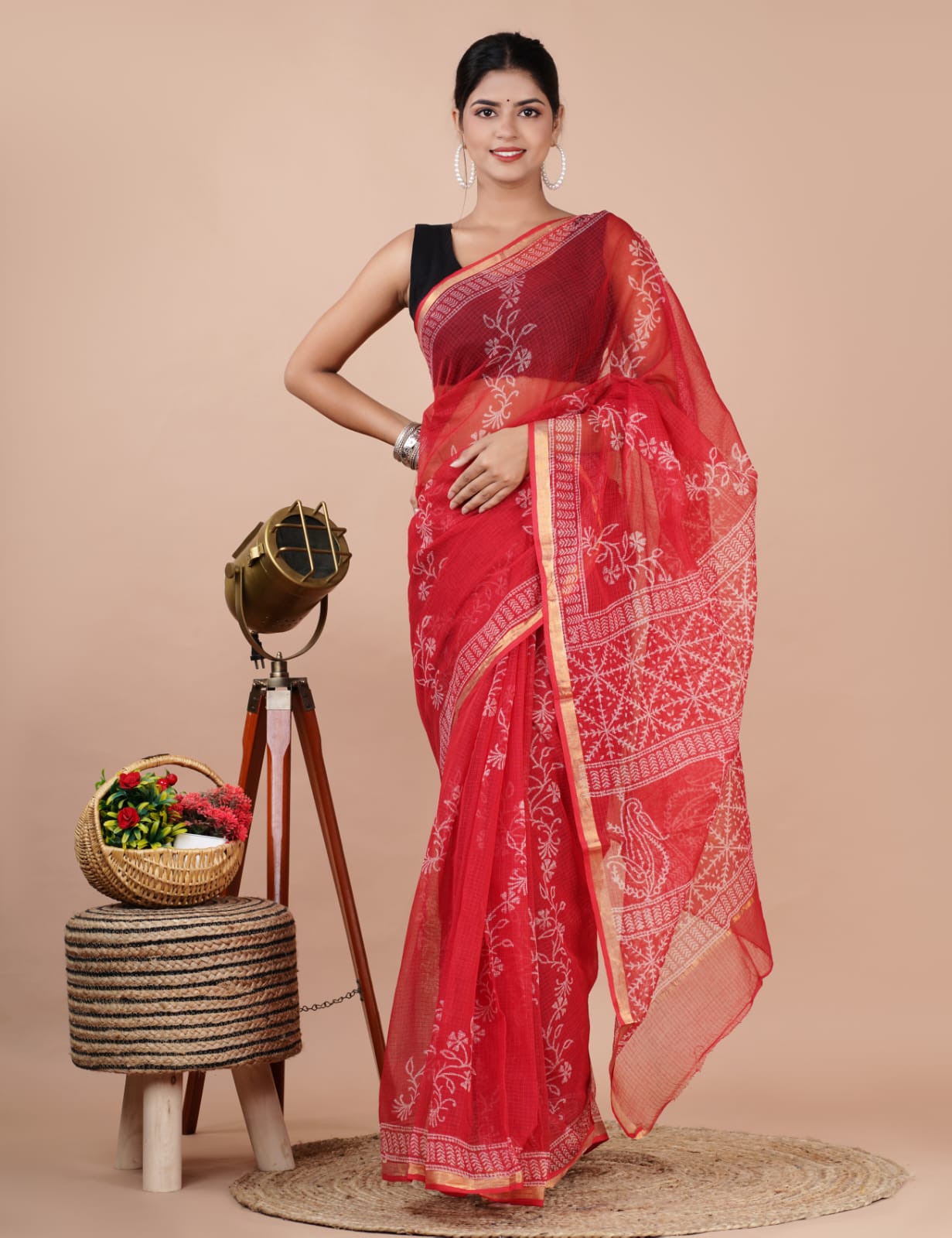 Kota Doria Saree - Red Floral Ethnic Handblock Print Kota Doria Saree