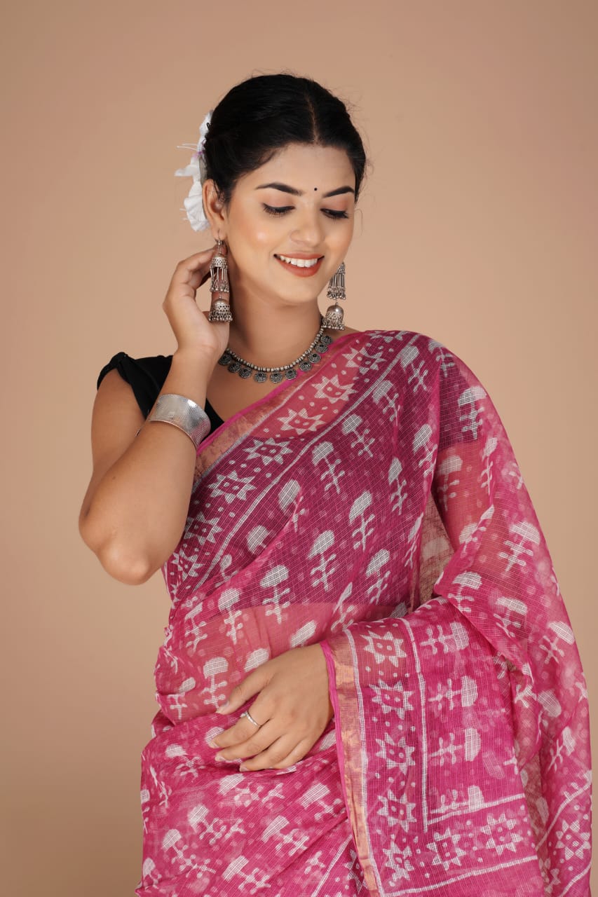 Kota Doria Saree - PInk Ethnic Handblock Print Kota Doria Saree