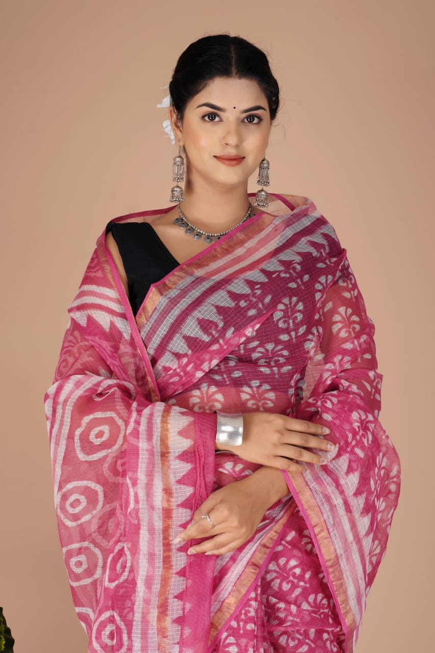 Kota Doria Saree - PInk Ethnic Handblock Print Kota Doria Saree