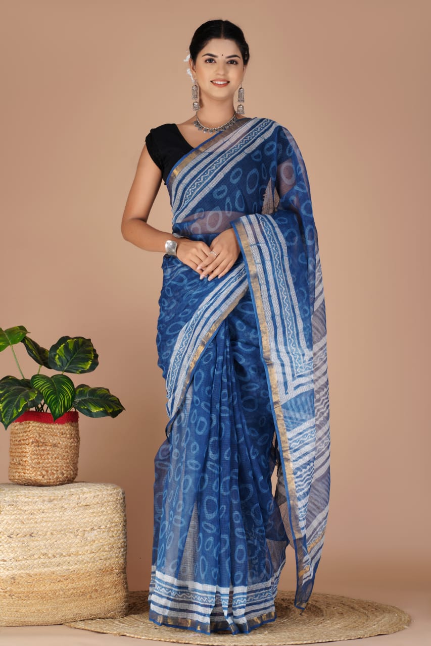 Kota Doria Saree - Indigo Dabu Print Ethnic Handblock Print Kota Doria Saree