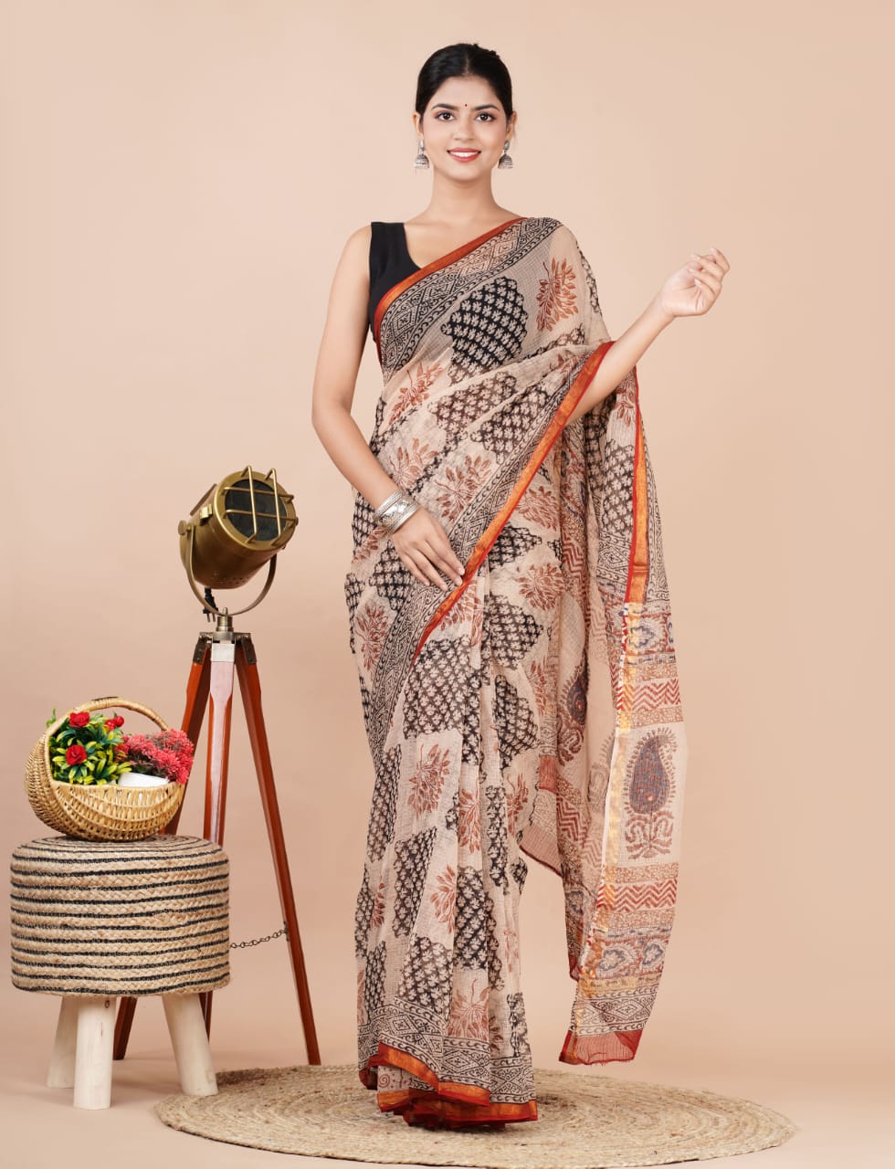 Kota Doria Saree - Dabu Print Ethnic Handblock Print Kota Doria Saree