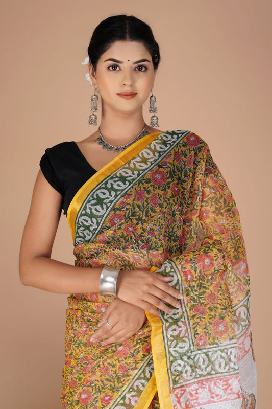 Kota Doria Saree - Yellow Floral Colour Ethnic Handblock Print Kota Doria Saree