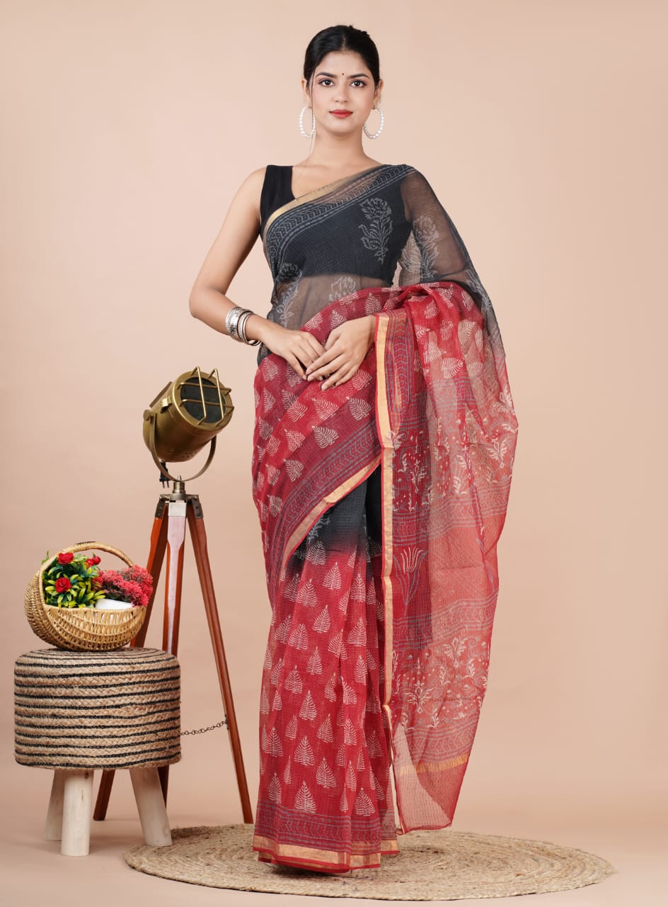 Kota Doria Saree - Red & Black Floral Ethnic Handblock Print Kota Doria Saree