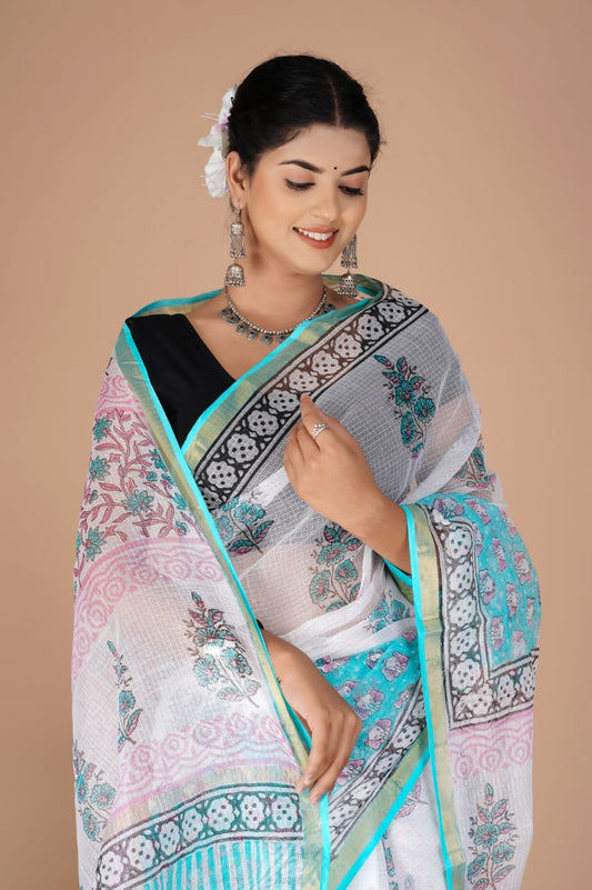 Kota Doria Saree - Floral Ethnic Handblock Print Kota Doria Saree