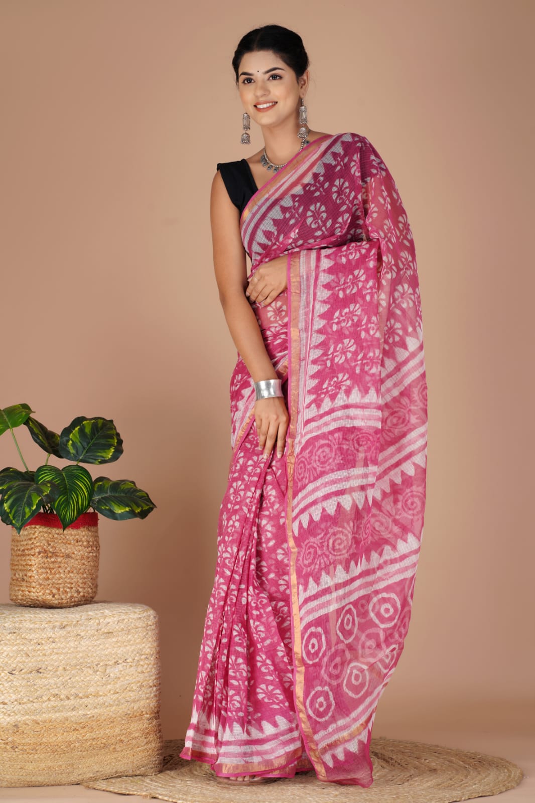 Kota Doria Saree - PInk Ethnic Handblock Print Kota Doria Saree