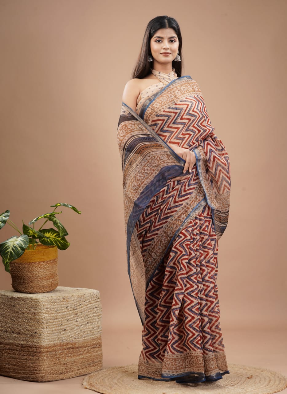 Kota Doria Saree - Bagru Print Ethnic Handblock Print Kota Doria Saree