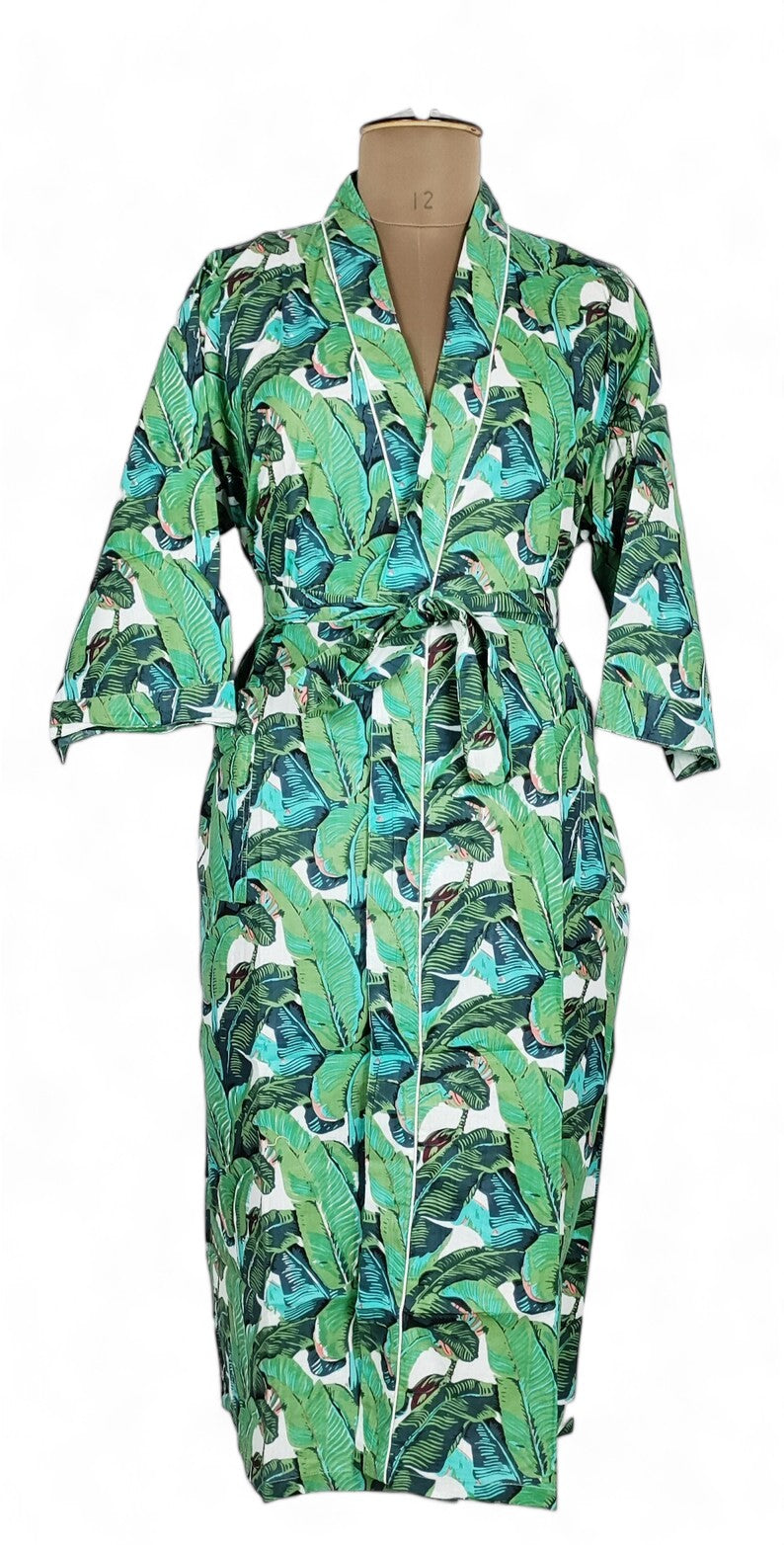 GREEN LEAF FLORAL Print - Kimono Robe