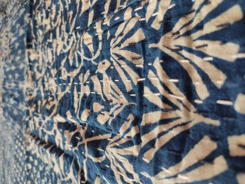 Patchwork Print - Indigo Kantha Quilt, Kantha Bedcover, Coverlets, Kantha Throw