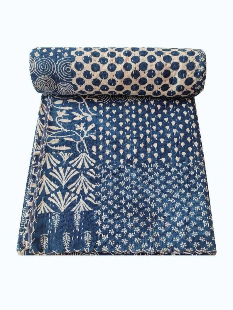 Patchwork Print - Indigo Kantha Quilt, Kantha Bedcover, Coverlets, Kantha Throw