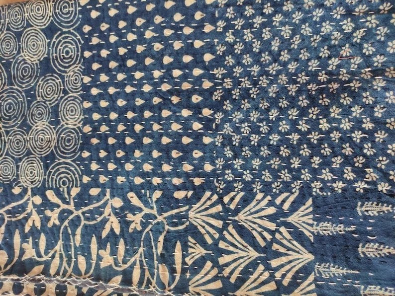 Patchwork Print - Indigo Kantha Quilt, Kantha Bedcover, Coverlets, Kantha Throw