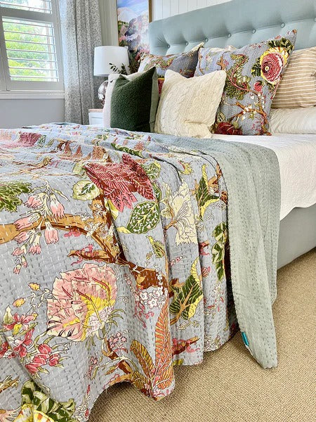 Grey Tropical Garden Twin/Queen/King Size Kantha Bedspread