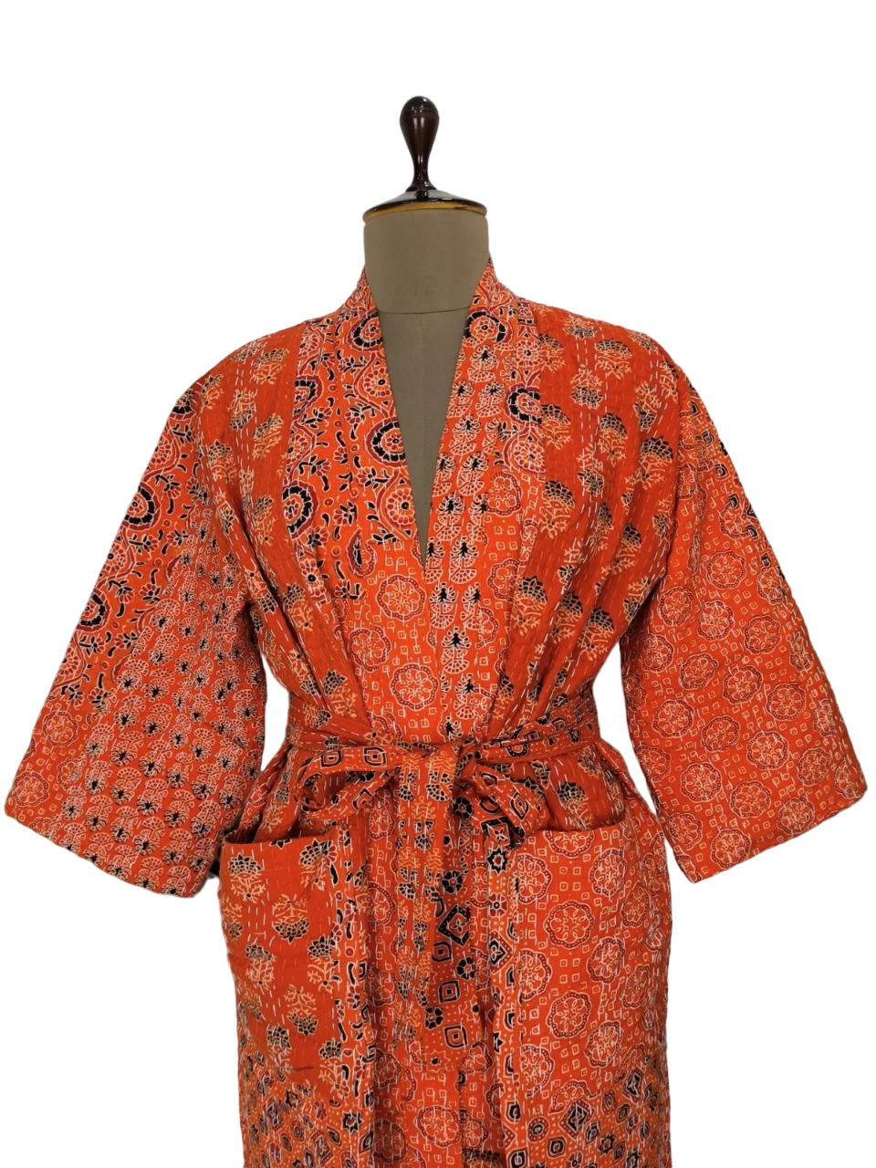 ORANGE AJRAKH PATCHWORK - KANTHA KIMONO ROBE